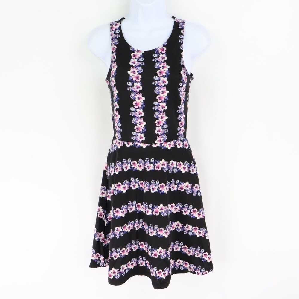 H&M Fit and Flare Dress Womens Size XS Black Floral Summer Sleeveless High Back‎